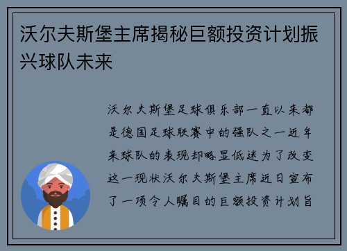 沃尔夫斯堡主席揭秘巨额投资计划振兴球队未来